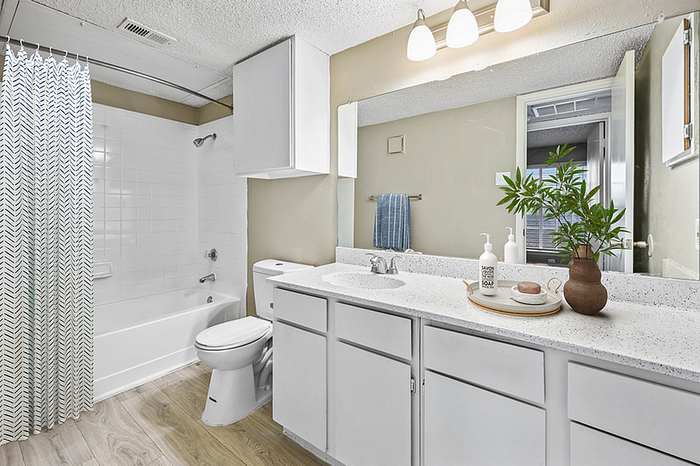 Bright and modern bathroom featuring sleek white fixtures, granite countertop, and chic accents with abundant natural light.
