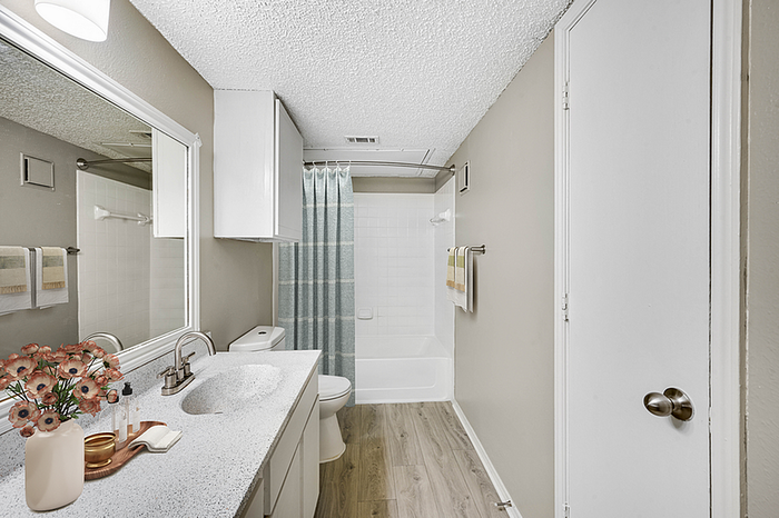 Chic and modern bathroom with elegant vanity, large mirror, and inviting bathtub in a serene space.