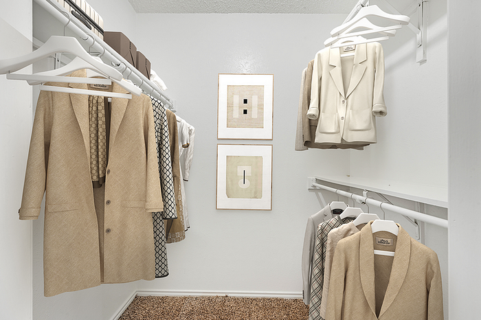 Spacious walk-in closet with elegant clothing and stylish décor, offering ample storage and a luxurious feel.
