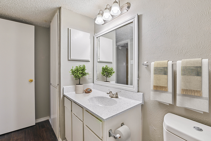 Elegant bathroom with a sparkling vanity, large mirror, and stylish lighting, accented by fresh green plants and plush towels.