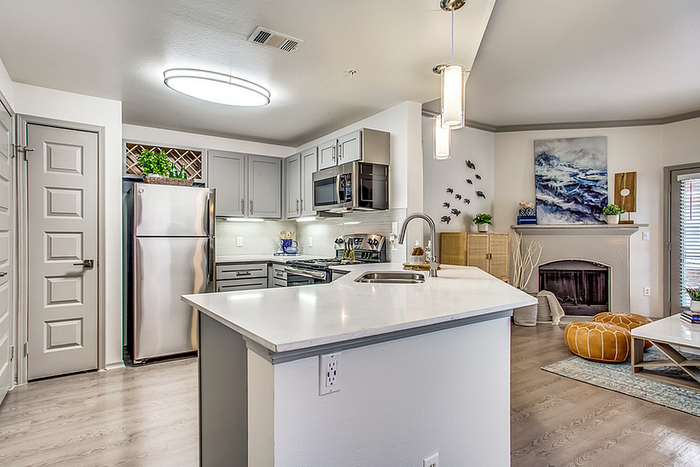 Chic open-concept kitchen and living area featuring sleek stainless steel appliances, modern cabinetry, and a cozy fireplace with stylish decor.