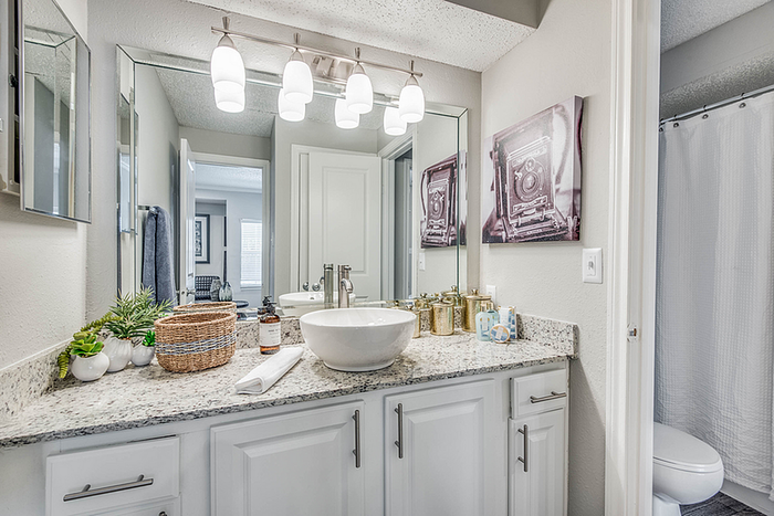 Elegant apartment bathroom with modern lighting, stylish granite countertop, and sleek white cabinetry highlighted by tasteful decor and a sophisticated round vessel sink.