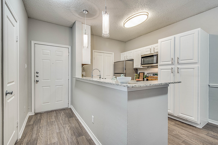 Modern kitchen entryway featuring sleek granite countertops, stainless steel appliances, and stylish pendant lighting.