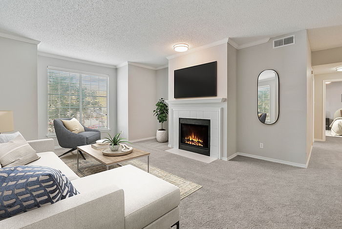 Charming living room with a cozy fireplace, modern decor, and abundant natural light brightening the space.