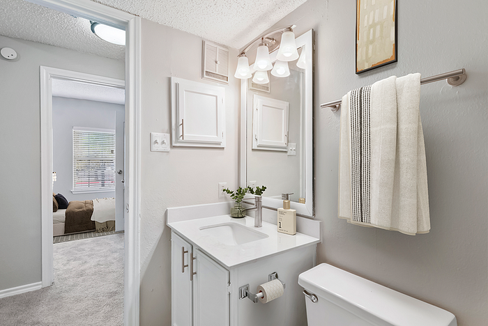 Bright and inviting bathroom with modern fixtures and sleek design, adjacent to a cozy bedroom with plush carpeting and natural light.