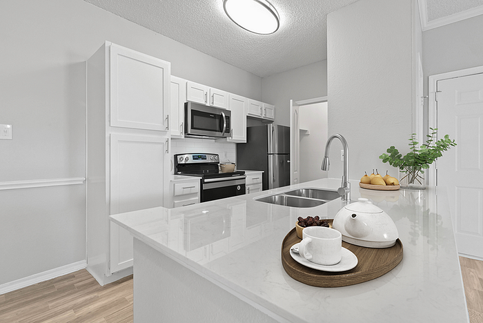 Modern kitchen with sleek white cabinetry, stainless steel appliances, and elegant marble countertop featuring decorative elements.