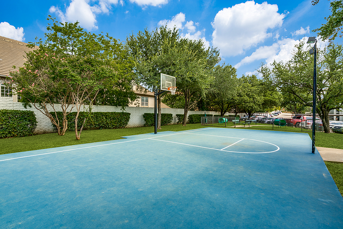 Inviting basketball court surrounded by lush greenery and a bright, clear sky.