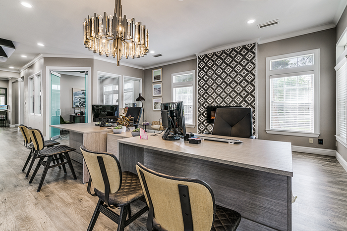 Modern leasing office interior featuring a stylish chandelier, geometric accent wall, and large windows for natural light.