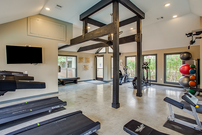 Spacious and modern fitness area with treadmills, exercise bikes, and a selection of vibrant fitness balls, surrounded by large windows offering scenic garden views.