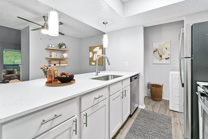 Contemporary kitchen with sleek countertops, elegant shelving, and modern appliances in a bright and inviting space.