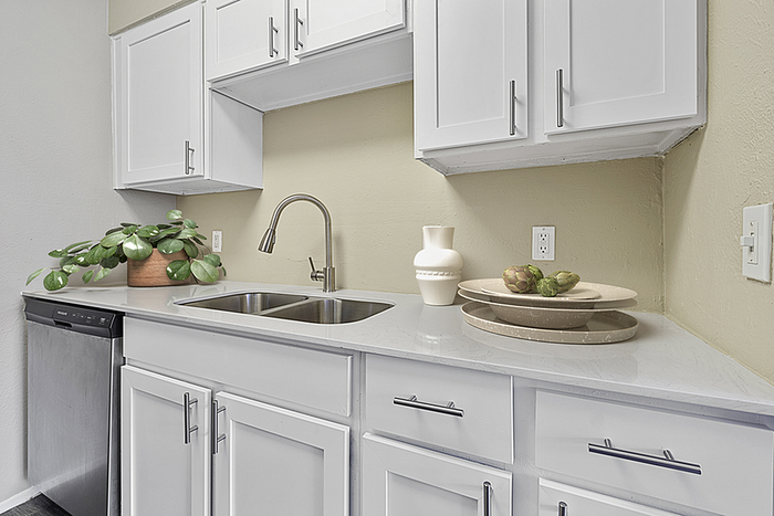 Modern kitchen with elegant white cabinets, sleek countertops, double sink, and a stylish stainless steel dishwasher.