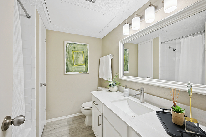 Elegant bathroom with modern fixtures, large mirror, and stylish decor, featuring a bright and inviting ambiance.