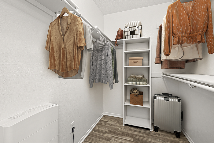 Spacious walk-in closet with organized shelving, hanging clothes, and ample storage space in a modern apartment.