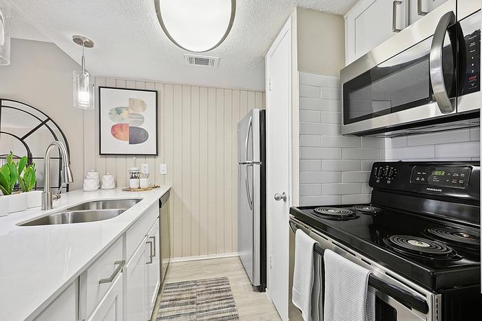 Modern kitchen with stainless steel appliances, bright white cabinetry, and stylish pendant lighting.