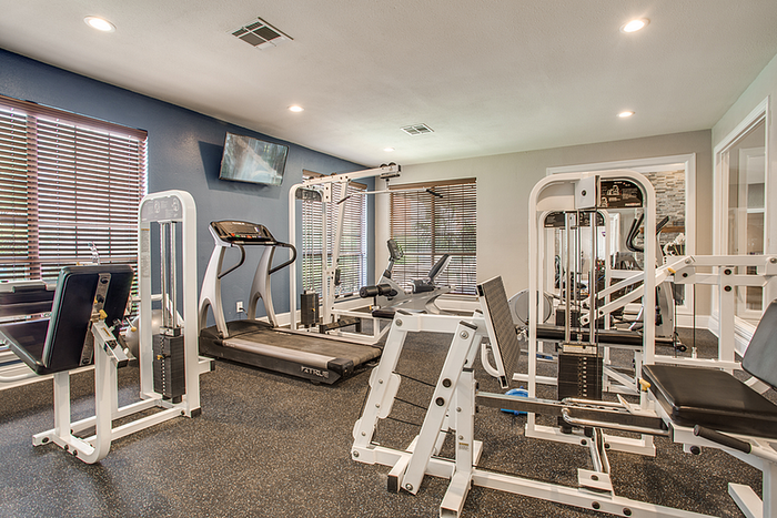 Modern apartment fitness center with state-of-the-art fitness equipment, including treadmills and weight machines, in a well-lit space.