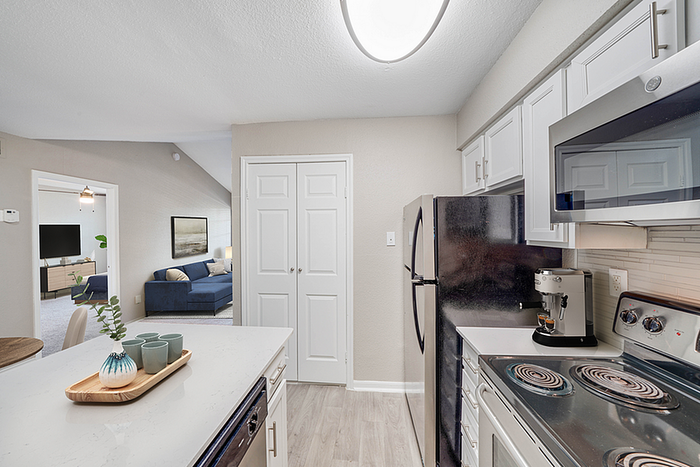 Modern kitchen with sleek stainless steel appliances and bright living room in a stylish open-concept apartment.
