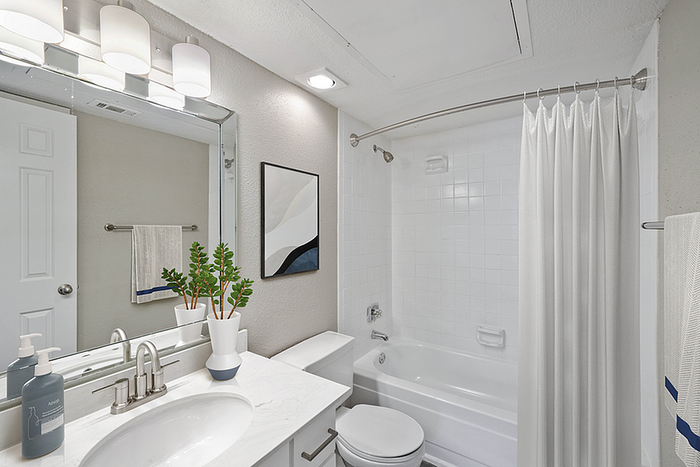 Modern bathroom with elegant lighting, sleek fixtures, and a stylish tub-shower combo, accented by contemporary artwork and lush greenery.