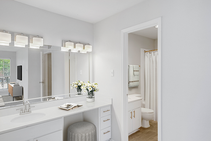 Bright and modern bathroom with elegant vanity, large mirror, and inviting shower, complemented by fresh white decor and natural light.
