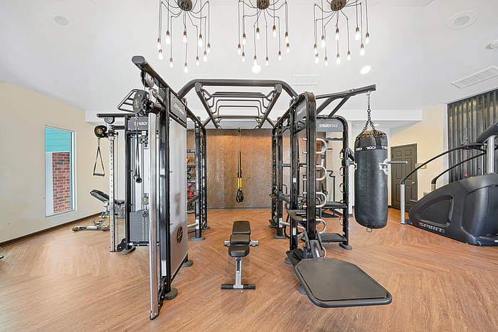Modern fitness center featuring state-of-the-art equipment, sleek design, and stylish lighting.