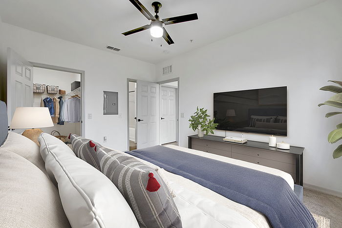 Modern bedroom featuring elegant decor with a sleek TV, spacious closet, and calming neutral tones.