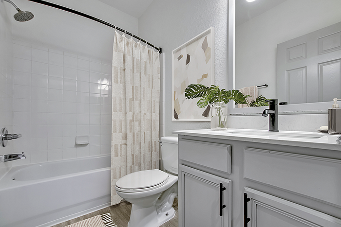 Elegant bathroom with sleek fixtures, modern vanity, and stylish decor, perfect for relaxation.