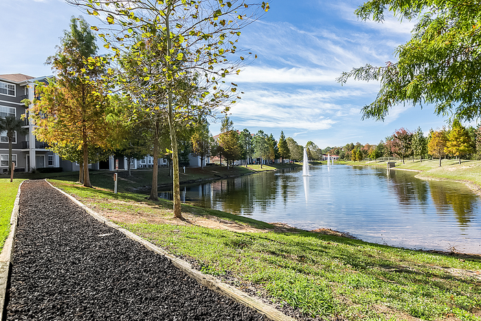 Scenic apartment view showcasing a serene lake with a picturesque walking path, lush greenery, and vibrant trees, offering a tranquil living environment.