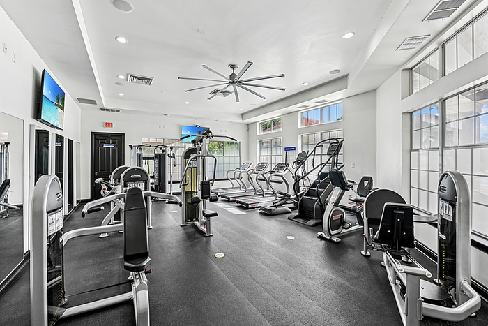 Modern fitness center equipped with state-of-the-art cardio machines, strength training equipment, and large windows for natural light.