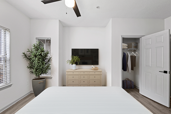Bright and stylish bedroom with sleek ceiling fan, large potted plant, modern dresser, wall-mounted TV, and organized closet space.