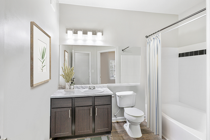Modern and bright bathroom with elegant vanity, large mirror, and stylish lighting, complete with a cozy shower-tub combination.