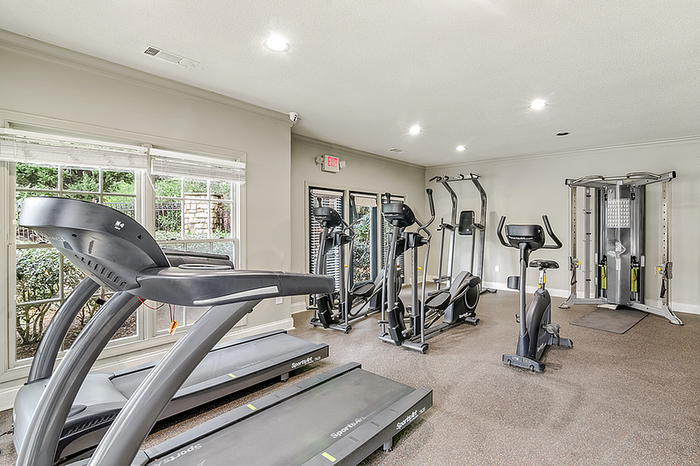 Modern apartment fitness center with state-of-the-art treadmills, elliptical machines, and versatile strength training equipment under bright natural lighting.