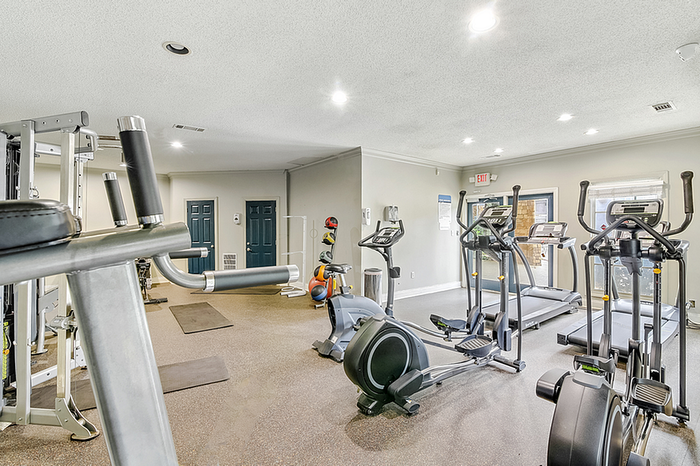 Spacious modern fitness center featuring state-of-the-art cardio machines, weight equipment, and bright natural lighting.