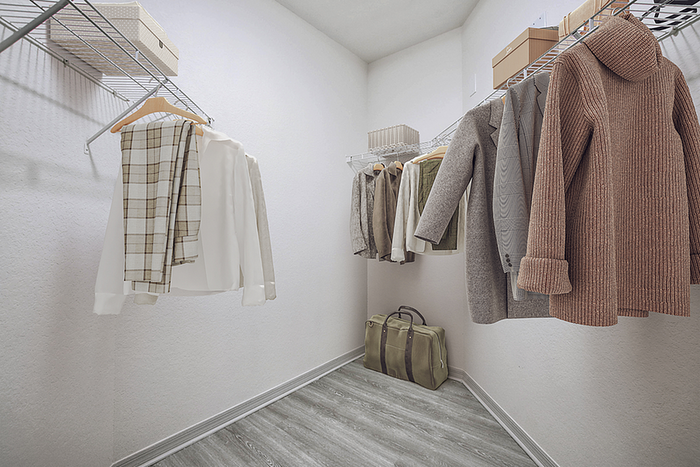 Spacious walk-in closet with elegant clothing racks and stylish wardrobe storage solutions.