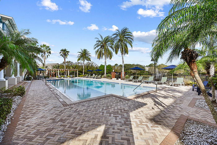 Luxurious outdoor swimming pool area surrounded by palm trees, featuring elegant lounge chairs and a serene atmosphere under a clear blue sky.