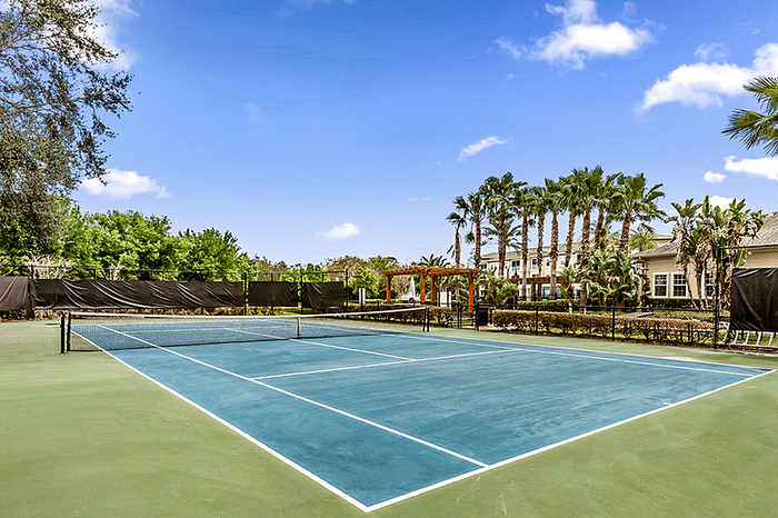 Spacious outdoor tennis court surrounded by lush greenery and palm trees, offering a vibrant recreational space in a sunny, serene setting.
