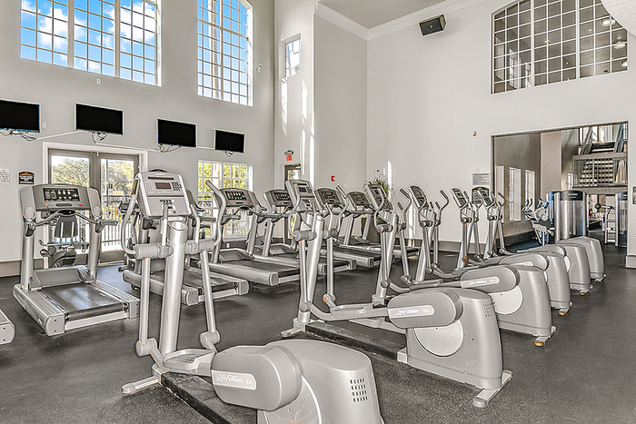 Spacious fitness center with modern treadmills and elliptical machines, featuring tall windows for natural light and multiple TVs for entertainment.