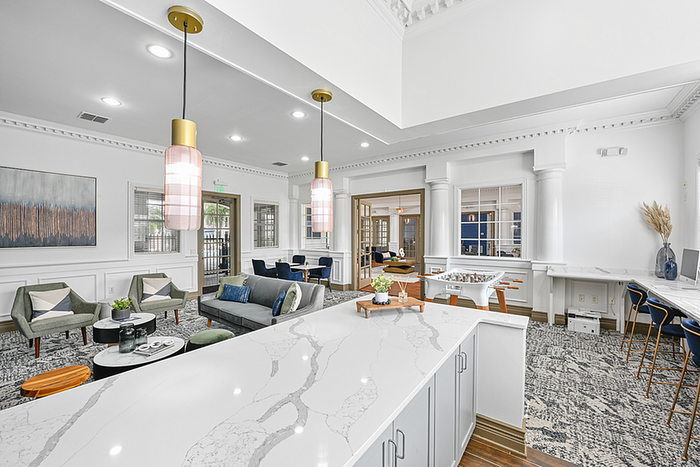 Elegant clubhouse space featuring a spacious lounge area with contemporary seating, chic lighting, and a stylish countertop, perfect for socializing and relaxation.