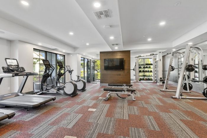 24-Hour Fitness Center with floor-to-ceiling windows and a wall-mounted TV at Lantower Grande Flats Apartments.