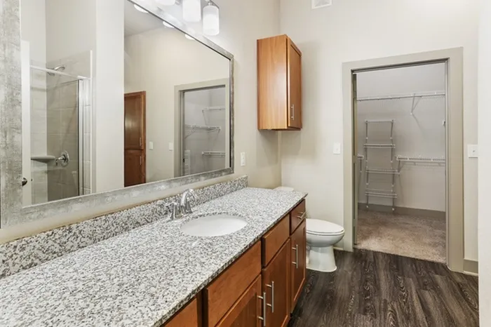 Bathroom with large, rectangle granite countertop on top of wood-style cabinets,a large mirror and a large walk in closet with carpet flooring at Lantower Legacy Lakes