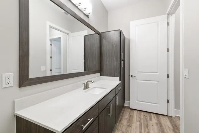 Modern bathroom with dark-colored cabinetry, quartz countertops, 10-foot ceilings, and silver hardware at Lantower Weston Corners.