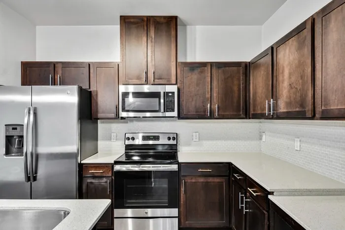 Kitchen with stainless steel appliances, diamond white quartz countertops, and dark-stained wood style cabinets at Lantower Techridge