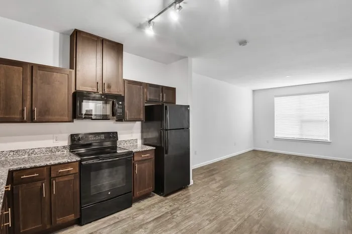 Open and spacious kitchen and living room with dark stained-wood cabinets, black stainless steel appliances, a large window for natural lighting and plenty of room for furniture at Lantower Techridge