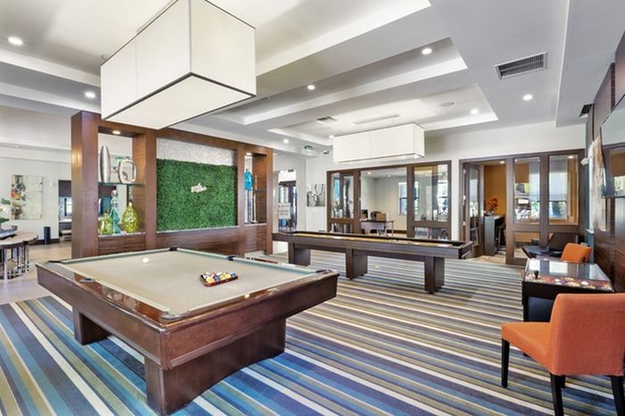 Community Lounge with a billiard table, arcade games, and table shuffleboard at Lantower Brandon Crossroads Apartments