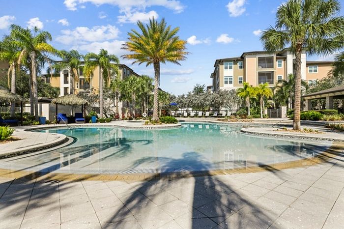 Resort-style pool with sundeck, palm trees, and lounge chairs at Lantower Brandon Crossroads