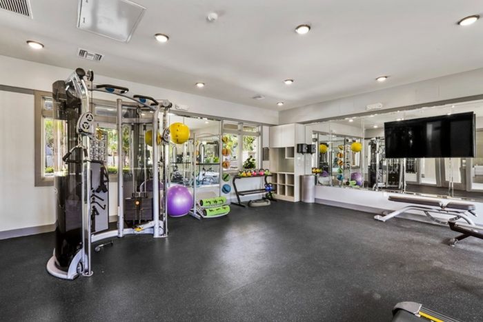 Spacious and clean 24-hour gym with weights and fitness machines at Lantower Brandon Crossroads Apartments.