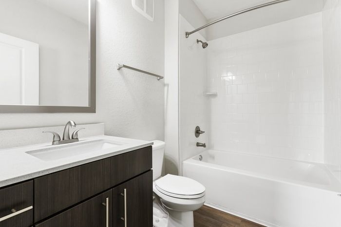 Bathroom with brushed nickel fixtures, wood plank floors, and soaking tub at Lantower Brandon Crossroads.