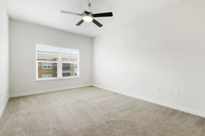 Spacious, carpeted bedroom with a ceiling fan and two large windows with ample natural light at Lantower Brandon Crossroads.