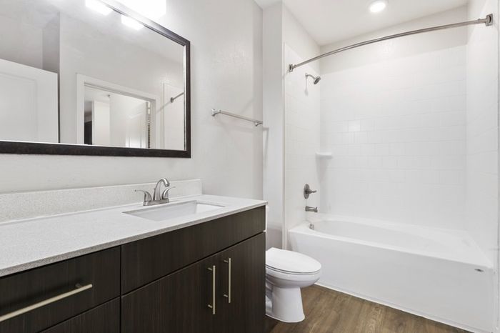 Bathroom with brushed nickel fixtures, wood plank floors, and soaking tub at Lantower Brandon Crossroads