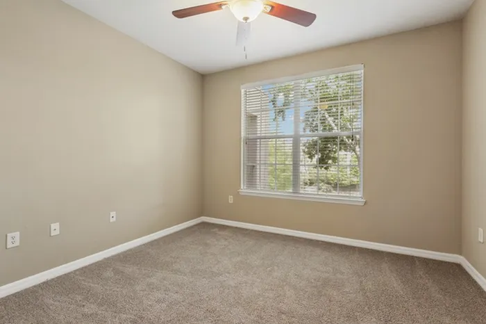 Image of a spacious, carpeted bedroom with a ceiling fan and two large windows with ample natural light at Lantower Cypress Creek.