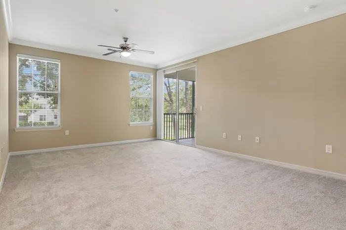 Image of a spacious, carpeted living room with a ceiling fan, sliding glass door to a balcony, and two large windows with ample natural light at Lantower Cypress Creek.