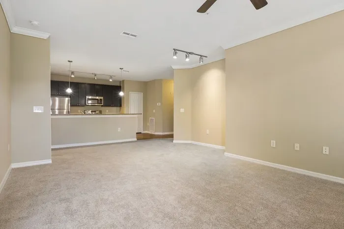 Image of a carpeted, spacious living room with a kitchen in the background with black and silver appliances, a kitchen bar, 9-foor ceilings, and a wine rack at Lantower Cypress Creek.